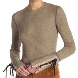 Free People Mountaineer Olive Green Waffle Knit Lace-up Tie Sleeve Thermal Top S